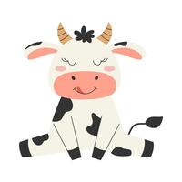 Cheerful black and white sitting cow character. Farm animal. illustration. vector