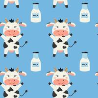Seamless pattern with cute standing cow and milk can. Pattern for fabric, wrapping, textile, wallpaper, clothing. illustration. vector