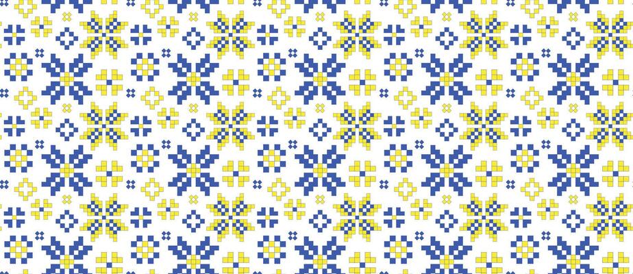 Traditional Ukrainian Pixel Blue and Yellow Embroidery Seamless pattern