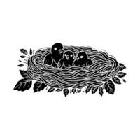 birds in the nest black and white illustration vector