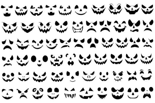 Spooky pumpkin smile and various emotions on the face on white background. Design for the holiday Halloween. Halloween face set. vector
