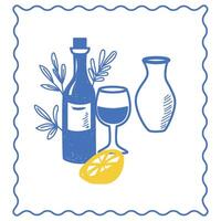 Sketch Glass Wine Bottle. Vintage Mediterranean Atmosphere Life Element. Hand Drawn Travel Agency Card, Invitation, Poster Print Design. Beverage, Wineglass Art vector