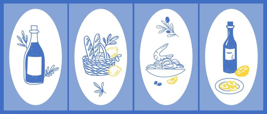 Sketch Vintage Amalfi Style Poster. Mediterranean life Atmosphere Food Drink Symbol. Hand Drawn Travel Card, Wedding Invitation, Poster Print Design, Postcard Surface. Outline Line Stroke Design