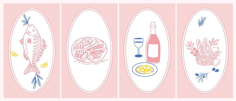 Sketch Vintage Amalfi Style Poster. Mediterranean life Atmosphere Food Drink Symbol. Hand Drawn Travel Card, Wedding Invitation, Poster Print Design, Postcard Surface. Outline Stroke Icon Art.