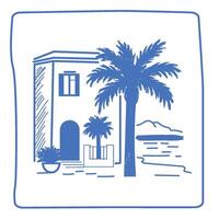 Line House and Palm Tree on Island Illustration. Tropical Travel rest Theme. Outline Sketch Contour Drawn Art. Travel Agency Card Invitation Poster Decoration Design Art vector