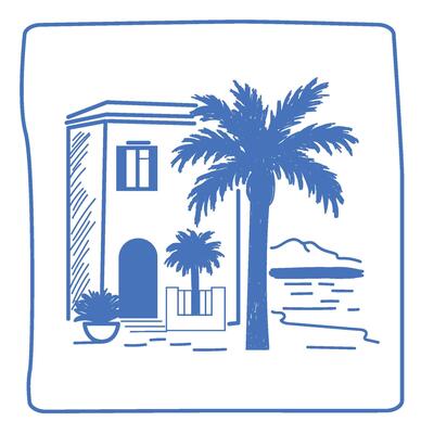 Line House and Palm Tree on Island Illustration. Tropical Travel rest Theme. Outline Sketch Contour Drawn Art. Travel Agency Card Invitation Poster Decoration Design Art