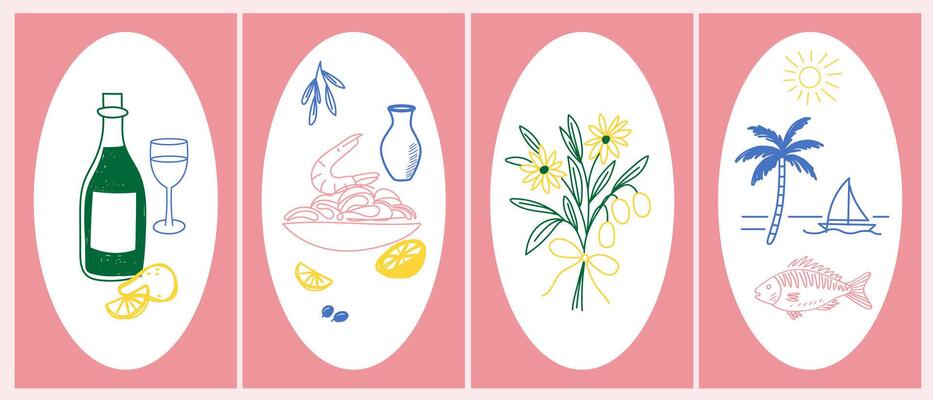 Sketch Vintage Amalfi Style Poster. Mediterranean life Atmosphere Food Drink Symbol. Hand Drawn Travel Card, Wedding Invitation, Poster Print Design, Postcard Surface. Outline Line Stroke Icon Decor
