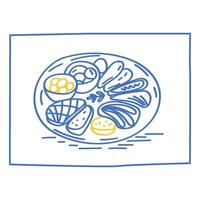 Outline Sea Food Contour Sketch Illustration. Vintage Mediterranean Atmosphere Life Symbol. Travel Rest Resort Vacation Theme. Line Hand Drawn Doodle Card Invitation Poster Print Design Fresh Meal Art vector
