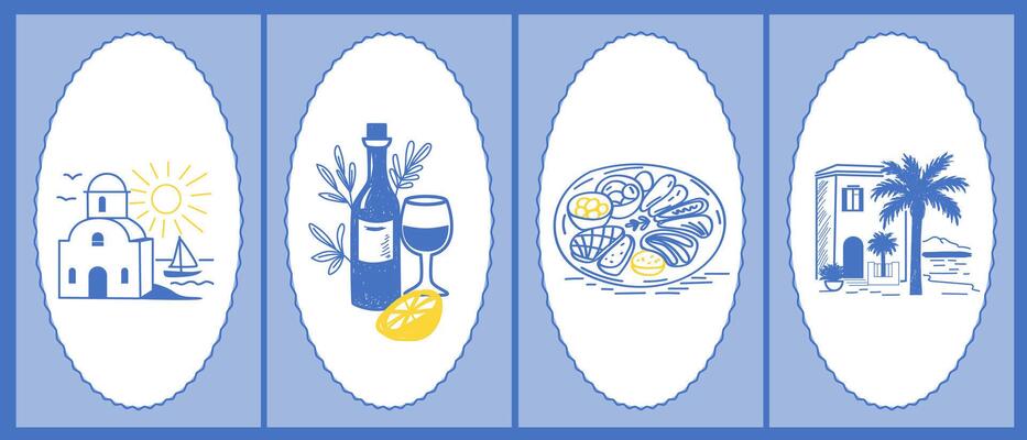 PrSketch Vintage Amalfi Style Poster. Mediterranean life Atmosphere Food Drink Symbol. Hand Drawn Travel Card, Wedding Invitation, Poster Print Design, Postcard Surface. Outline Line Stroke Art.
