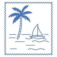 Line Sea Boat and Palm Tree on Island Illustration. Tropical Travel rest Theme. Outline Sketch Contour Drawn Art. Travel Agency Card Invitation Poster Decoration Design. vector