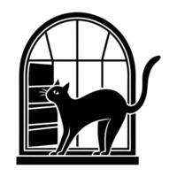 black cat silhouette on the window sill vector