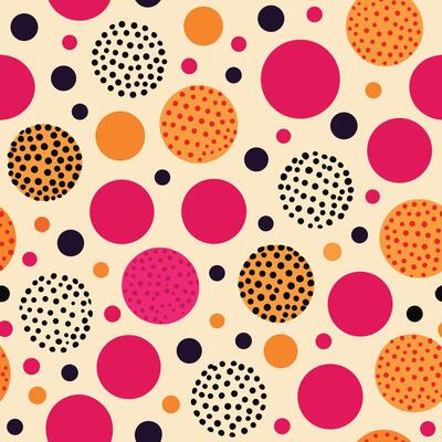 a colorful polka dot pattern with black, orange and pink dots