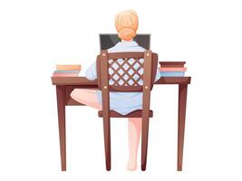 cartoon illustration of woman sitting at desk with laptop and books, viewed from the back. Great for concepts like remote work, online learning, freelancing, productivity, and studying at home. vector