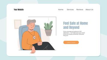 web template for elderly home safety services with flat senior man wearing emergency alert device. Concept of independence, protection, and smart healthcare for seniors at home. vector
