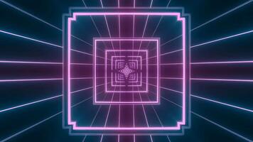 Abstract Tunnel with Neon Pink and Blue Square Frames Glowing in Dark Background Creating a Futuristic and Geometric Pattern 3D Render. seamless looping 4k animation background video