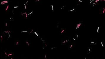 Falling Confetti Celebration on a Black Background Animation with Pink and White Streamers for Festive Event and Fun Holiday Decoration. seamless looping 4k animation background video