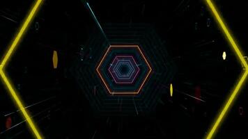 Abstract Neon Hexagon Tunnel with Glowing Lines on a Dark Background Geometric Pattern Futuristic Design for Technology Themed Visuals. seamless looping 4k animation background video