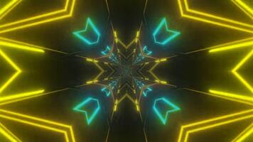 Neon Geometric Tunnel with Cyan and Yellow Lights Shining in the Dark Abstract Backdrop Creating a Futuristic and Dynamic Motion Graphic. seamless looping 4k animation background video