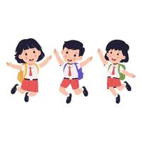 Happy Elementary School Students Jumping with Backpacks vector