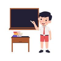 Flat Illustration of Schoolboy Explaining Lesson at Blackboard in Classroom vector