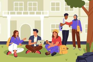 Students collaborating on campus vector