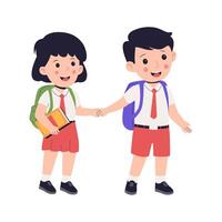 Flat Illustration of Two School Students Holding Hands and Smiling in Uniform vector