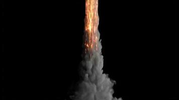 Fiery Rocket Launch with Intense Orange Flames and Gray Smoke Plumes Against Black Backdrop Creates Dramatic Motion Effect. seamless looping 4k animation background video
