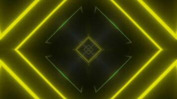 Abstract Neon Tunnel with Geometric Shapes in Yellow Blue and Green on a Dark Background for Modern Futuristic Visuals. seamless looping 4k animation background video