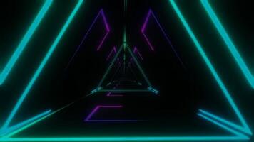Abstract Dark Tunnel of Neon Triangles with a Futuristic Glowing Design and Perspective View Geometric Shapes and Vibrant Colors on Black Background. seamless looping 4k animation background video