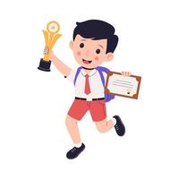 Flat Illustration of Happy Schoolboy Holding Trophy and Certificate for Achievement vector