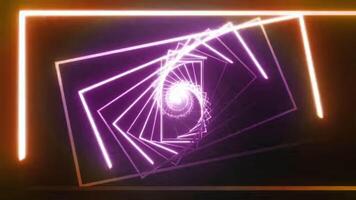 Abstract Geometric Tunnel with Neon Lights in Deep Space Background Glowing Purple And Orange Color Scheme. seamless looping 4k animation background video