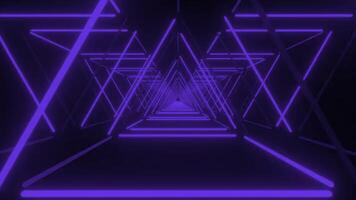 Abstract Neon Purple Triangle Tunnel Background With Geometric Shapes Dark Space Bright Futuristic Technology Pattern And Creative Design. seamless looping 4k animation background video