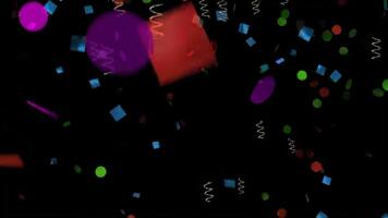 Abstract Celebration Background with Falling Colorful Confetti and Golden Spirals on a Black Backdrop for Festive Events. seamless looping 4k animation background video