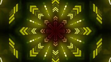 Vibrant Yellow Geometric Arrow Kaleidoscope Pattern Background with Radial Symmetry in a Modern Style and Dynamic Motion with a Dark Tunnel Effect. seamless looping 4k animation background video