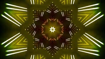 Abstract Geometric Kaleidoscope Pattern with Symmetrical Star and Glowing Yellow Light in a Dynamic Loop. seamless looping 4k animation background video