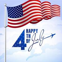 Happy 4th of July creative poster with 3D wavy flag of the USA and flying plane in blue skies and realistic clouds. Greeting card design. Happy Independence Day congrats. Isolated elements. vector