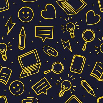 vibrante amarillo educativo garabatos creando sin costura modelo en contra profundo azul fondo, exhibiendo creativo aprendizaje elementos para digital diseño aplicaciones vector