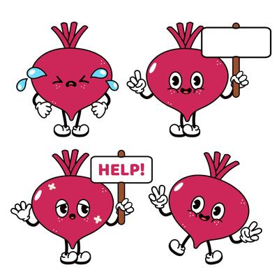 Cartoon Beets with diverse expressions and holding signs in a colorful illustration.