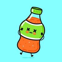 A cute and sad cartoon soda bottle character is illustrated with a light blue background. vector