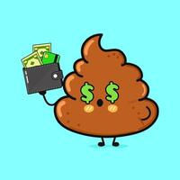 Funny cartoon poop character with dollar signs in eyes holding wallet. vector
