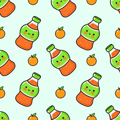 Cute, seamless pattern of orange juice bottles and oranges, perfect for designs.