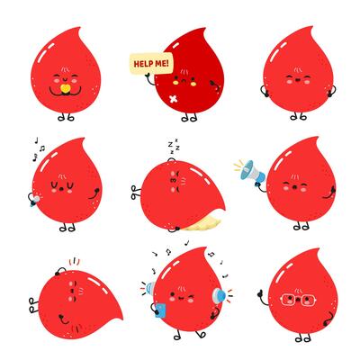 Adorable blood droplets with a variety of expressions and actions on a white backdrop