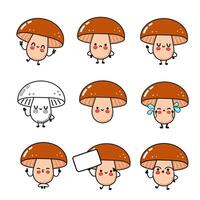A collection of cute cartoon mushroom characters expressing different emotions and gestures. vector
