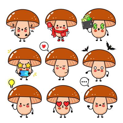 Cute cartoon mushrooms with various expressions, perfect for fun designs and playful concepts.