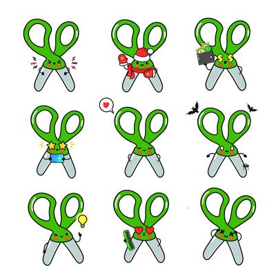 A collection of cartoon scissors with different moods and cute expressions.