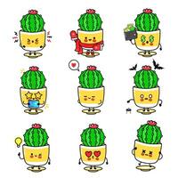 A cute cartoon cactus expressing various emotions and seasonal themes in a delightful set. vector