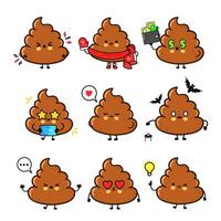 A whimsical collection of adorable and expressive cartoon poo emojis in various moods and scenarios. vector