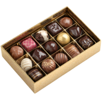 An enticing selection of assorted chocolates presented in a luxurious golden box on a transparent background, perfect for gifts and indulgent treats. png