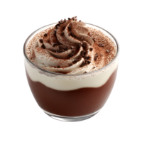 Delicious dessert in a glass, featuring rich chocolate mousse topped with a swirl of creamy whipped cream and chocolate shavings, transparent background png