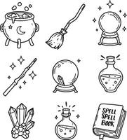 Enchanting Hand-Drawn Witchcraft Illustrations Mystical Cauldron, Broomstick, Crystal Ball, and Spell Book - Professional digital artwork with vibrant colors and detailed composition vector